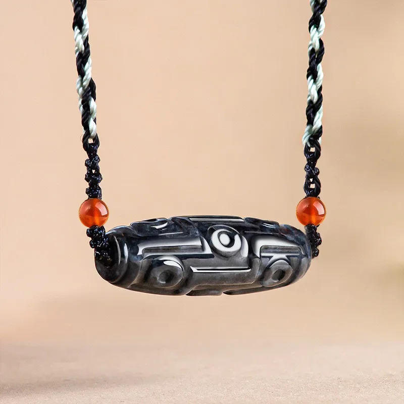 Natural GradeA Myanmar Jadeite Pendant Wuji Stone Nine Eyes Dzi Bead Jade Necklace Men Women Fashion Jewellery Gift with Lanyard