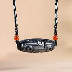 Natural GradeA Myanmar Jadeite Pendant Wuji Stone Nine Eyes Dzi Bead Jade Necklace Men Women Fashion Jewellery Gift with Lanyard