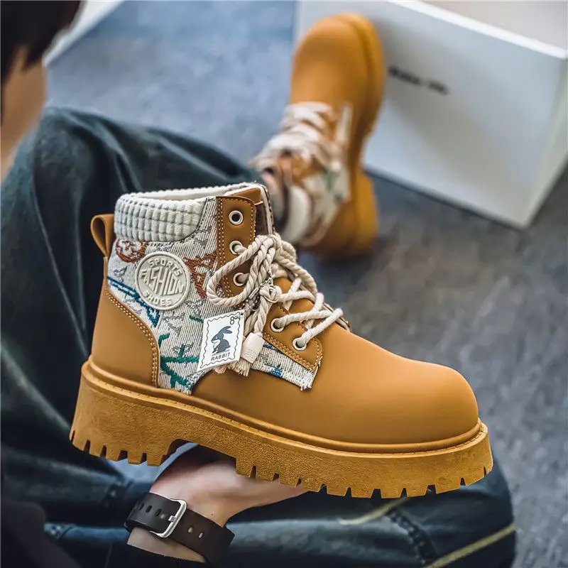 

Men 2025 Spring Autumn New Unique Trendy Biker Cargo Boots British Design Thick Sole Spliced Print Laced High Top Footwear