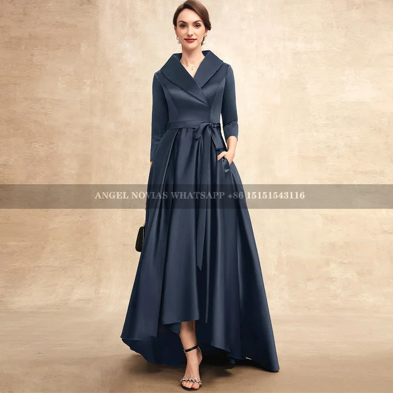 

High Low Navy Blue Mother of the Bride Dress with Pockets Wedding Party Dress Robes Invitee Mariage vestidos madre de la novia