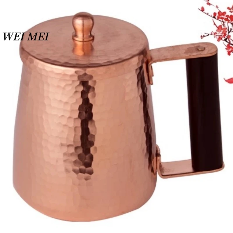 

Vintage Copper Coffee Mug,Thickened With lid Camping Cold Drink Cup,Handcrafted Hammer Texture Wood Handle Tea Cup Tableware