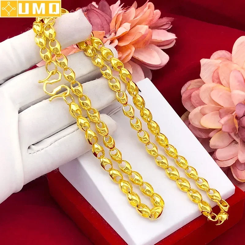 

Fashion 18k Pure Gold Color Necklace For Men 24K 999 Gold Color Non-fade Smooth Bead Chain For Wedding Engagement Jewelry