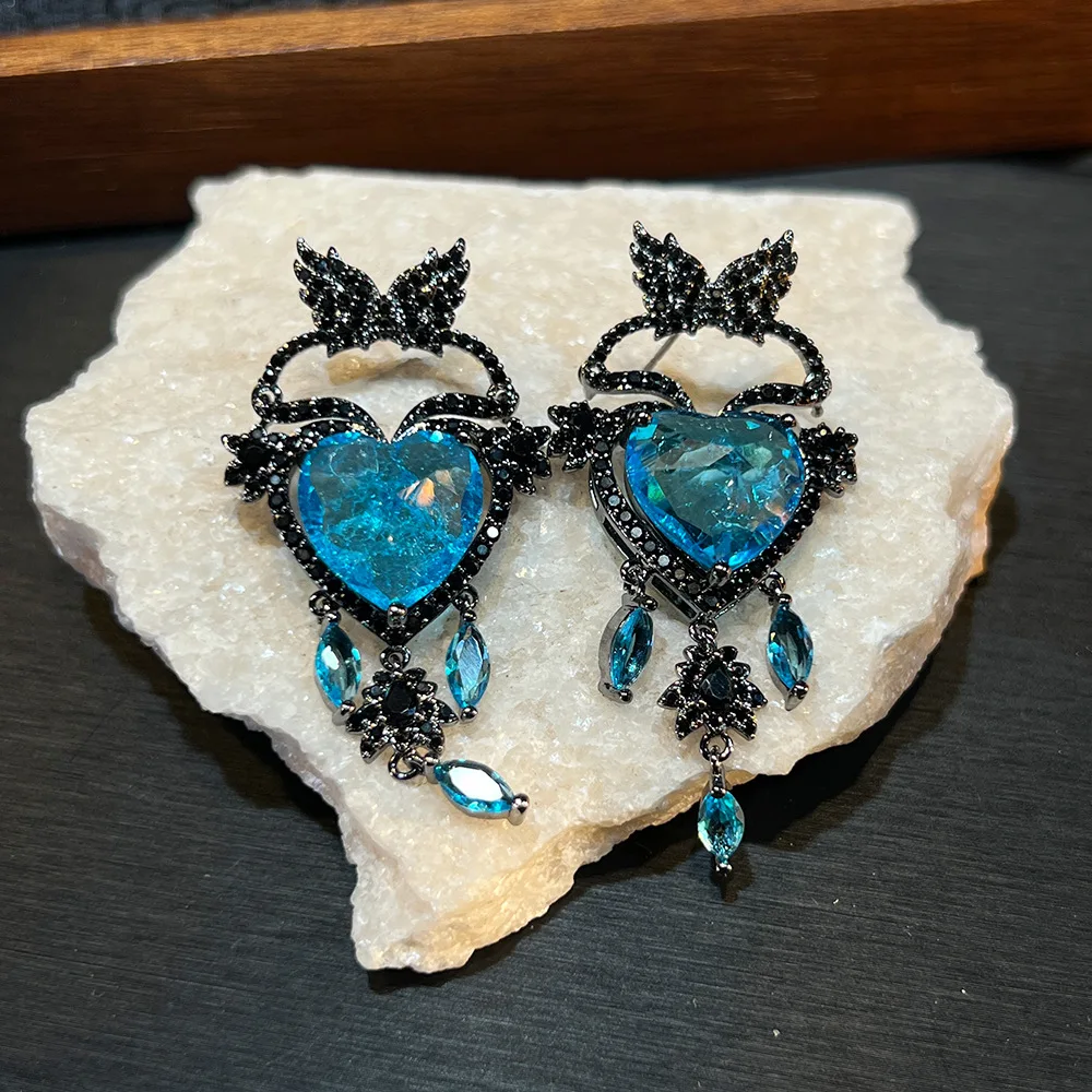 

Cubic Zirconia Heart Butterfly Drop Earrings for Women for Wedding Party Anniversary Gift Gothic Style black pink blue