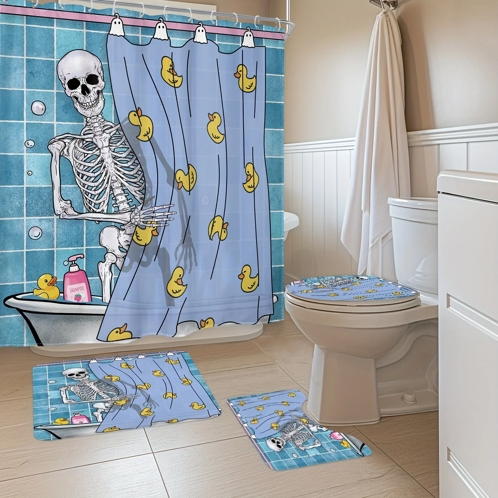 4 pcs - Funny Blue Skull Shower Curtain Set, Non-slip Bathroom Floor Mat, Toilet U-Shaped Mat, Cover Mat, Home Decor Gift