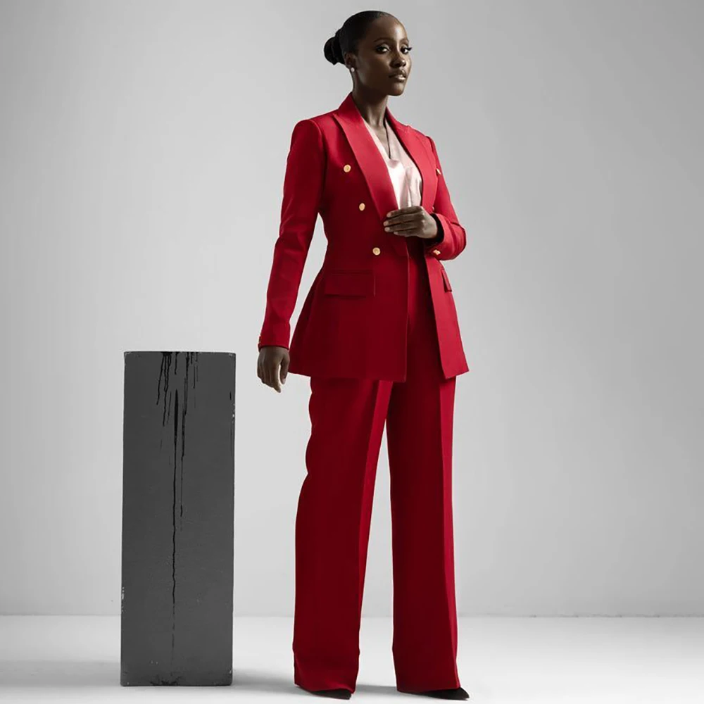 Powerful Women Double Breasted Red Suit Set Minimalist Blazer Wide Leg Pants 2 Piece Formal Office Wedding Outerwears