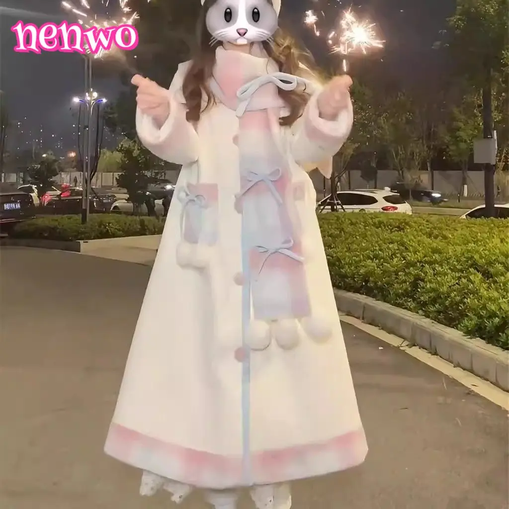 

Милое утолщенное шерстяное пальто, шарф, Новое поступление, осенне-зимняя верхняя одежда средней длины, модные брюки три четверти с бабочкой