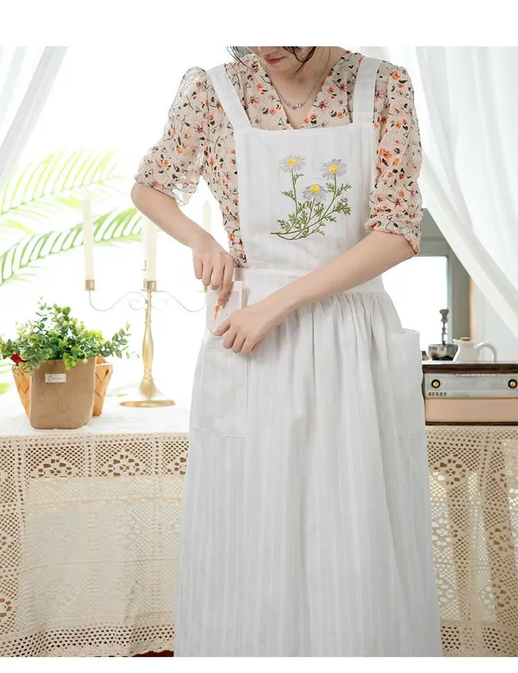 Retro Pastoral Thin Cotton Jacquard Summer Baking Aprons For Woman Dress Flower Shop Smock Bib Garden Tea Party  Overall