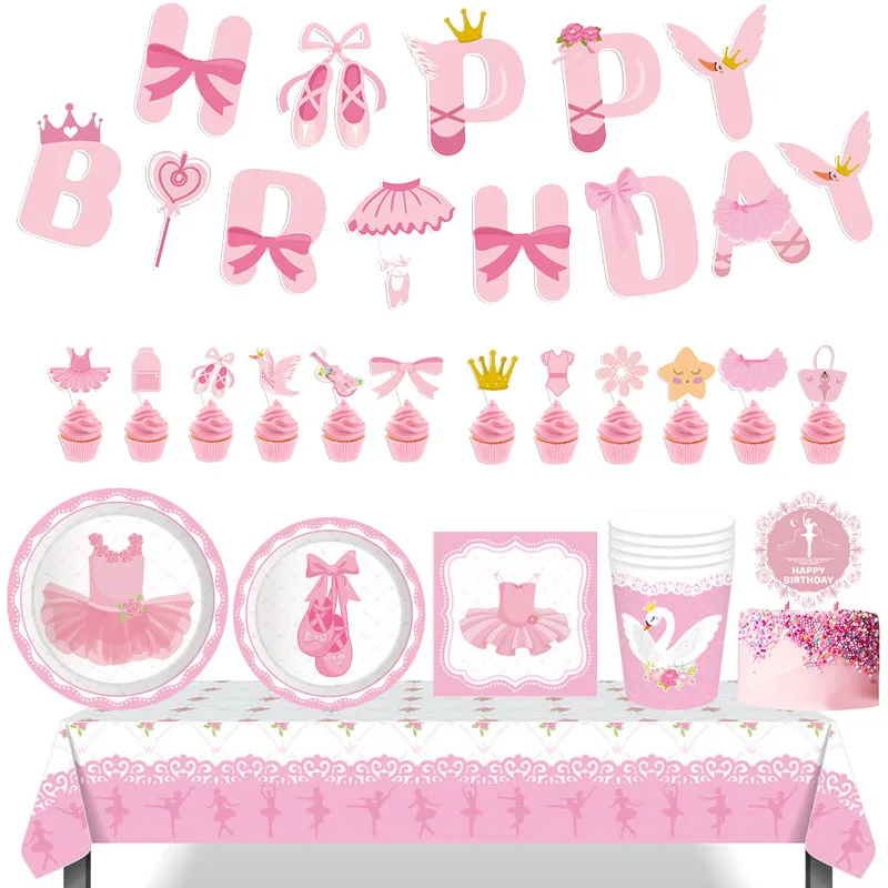 Pink Ballet Dance Girl Birthday Party Supplies Children's Gift Cup Flag Balloon Celebration Cutlery Girl Faovr Party Decoration