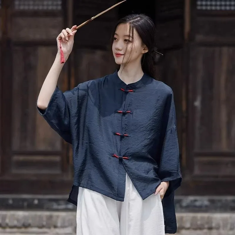 

Women's Loose Fit Cotton Linen Shirt Spring Summer New Chinese Style Thin Outerwear Button Sun Protection Top Large Size