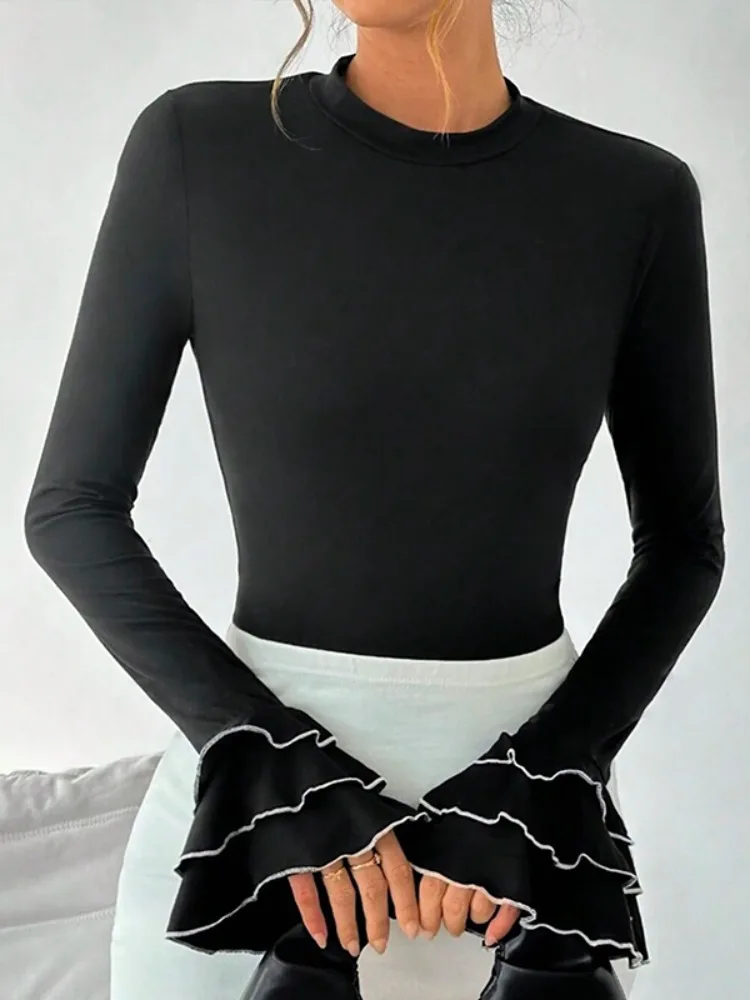 

Bonboho Solid Black Bodycon T-shirt for Women Round Neck Ruffled Long Sleeves Elegant Shirts 2025 Autumn Fashion Blouse