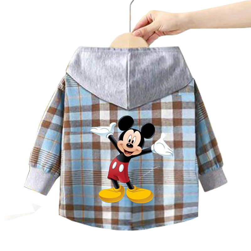 Children\'s Hooded Shirts Baby Boys Mickey Mouse Plaid Shirts Coat for Spring Autumn Girls Cartoon Jacket Bottoming Clothing
