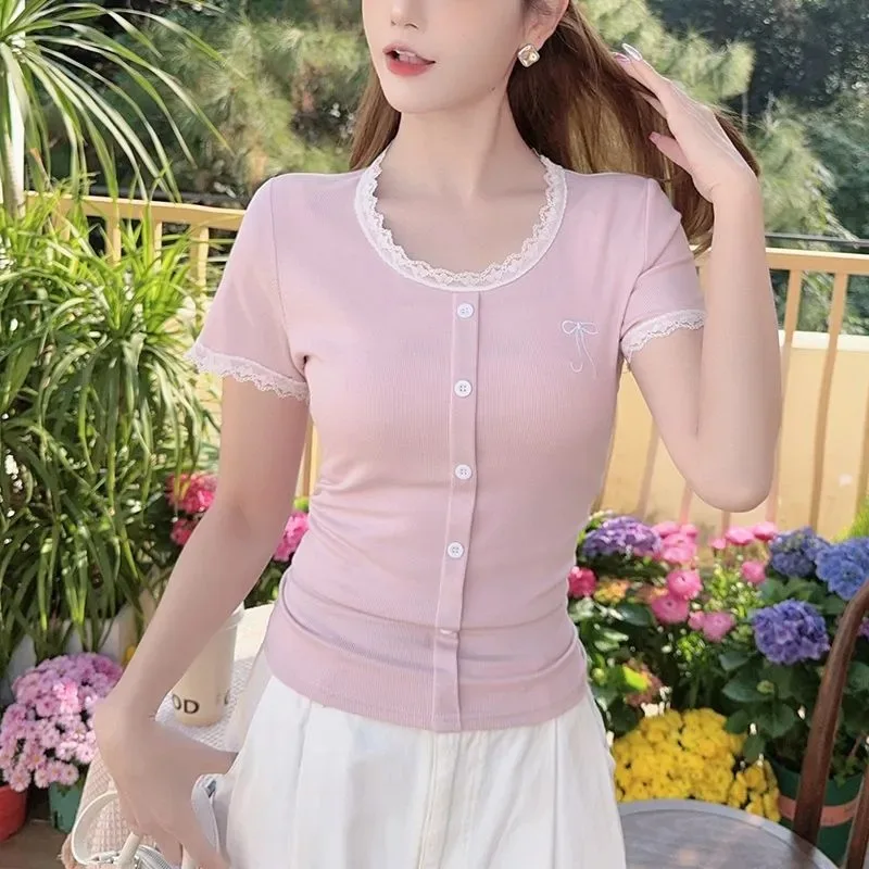 Women Lace Trim T Shirt Bow Embroidery Ribbed Short Sleeve Sweet Slim Fit Summer Top