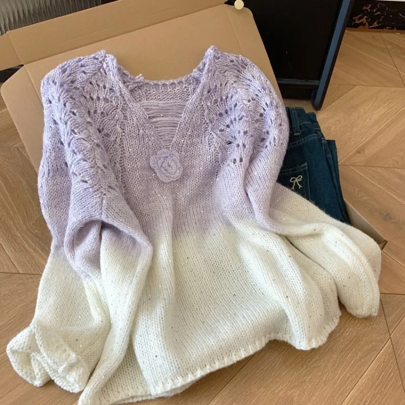 Long Sleeve Hollow Loose Sequin Purple Gradient Pullover Sweater Women's Knitwear Top