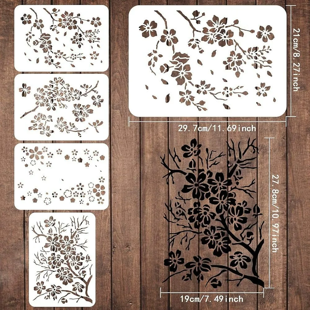 4 Pcs Cherry Blossoms Stencils 11.7x8.3 inch Cherry Blossom Branch Stencils Plastic Floral Flower Pattern Stencils Sets DIY Home