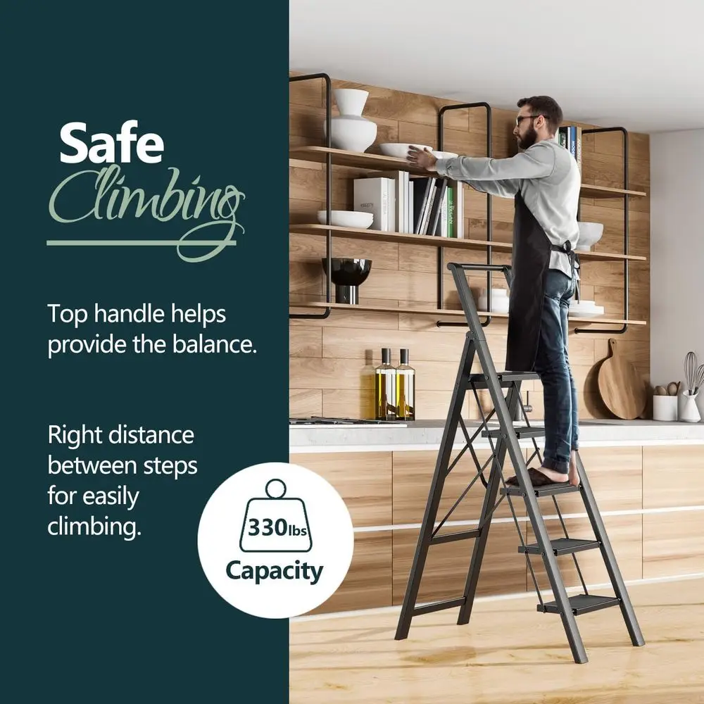 10 Fuß große leichte faltbare Leiter mit rutschfesten Stufen, Sicherheitsgeländer, ideal für den Heim- und Außenbereich, 300 Pfund Tragkraft – Schwarz