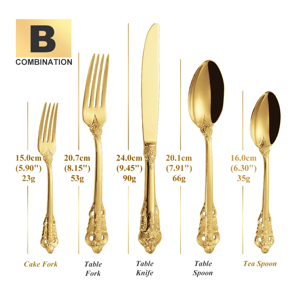 30-Pieces Royal Vintage Gold Plated Stainless Steel Cutlery Colorful Spoon Fork Knife Set Black Rose Gold Flatware Service For 6