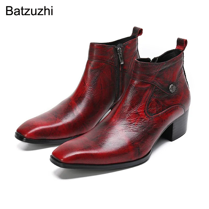 

Batzuzhi Luxury Handmade Men's Boots Pointed Toe Wine Red Leather Boots for Men Ankle Botas Hombre Party, Wedding, Knight Boots