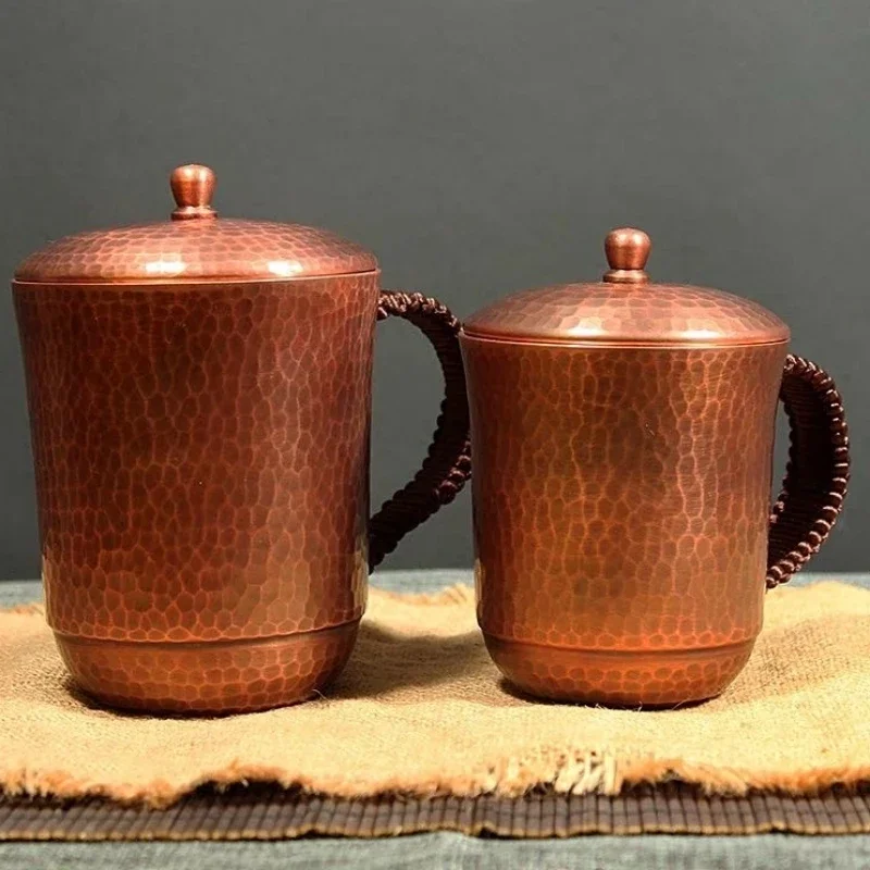 

Vintage Pure Copper Coffee Cup,With lid Mug Moscow Mule Tumbler Thickened Hammer Texture Woven Handle 500 ml Beer Mug,Tableware