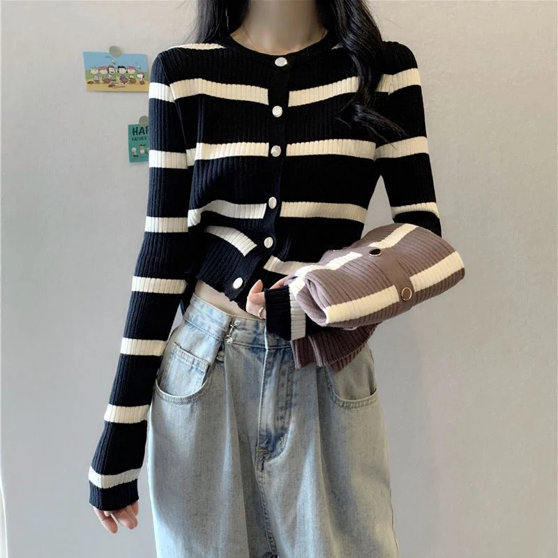 Striped Cardigan For Women 2023 Korean Sweater O Neck Long Sleeve Knit Cardigan High Street Top Coat Slim Tricot Y2K Outerwear