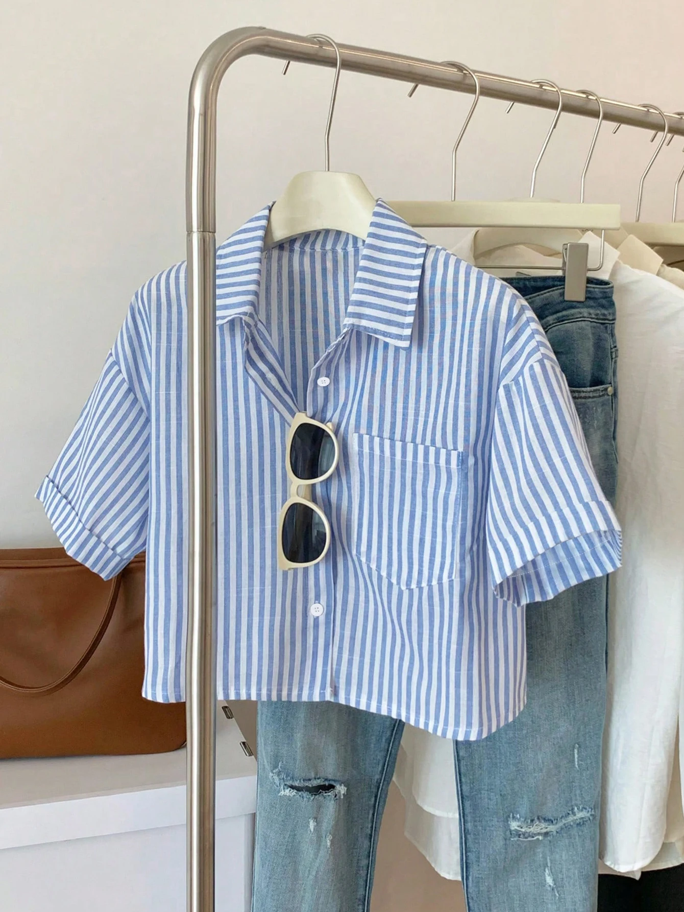 

2026 Summer Striped Cropped Button Down Shirt Women Casual Short Sleeve Loose Fit Blouse For Daily Wear