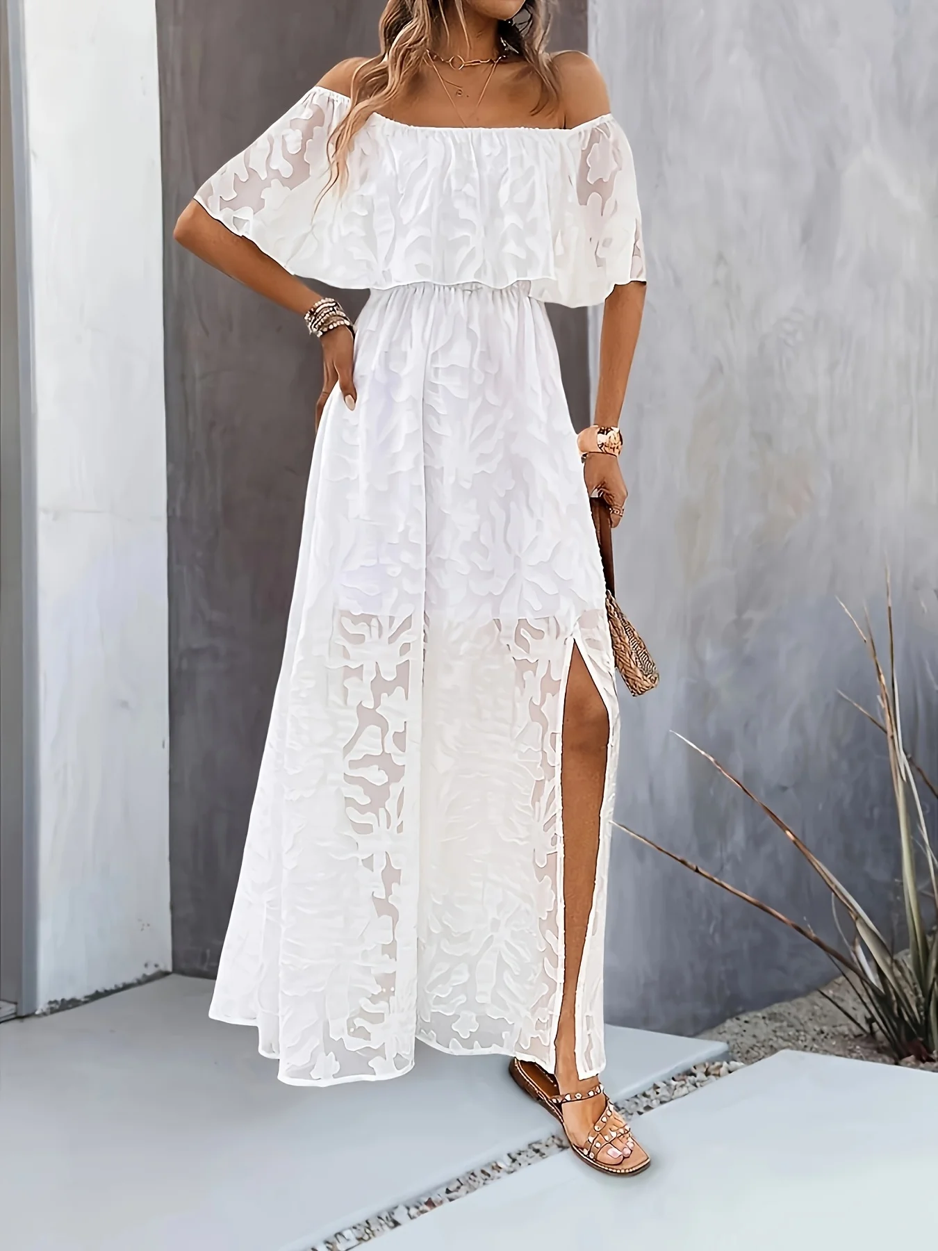 Women Bohemian White Long Dress Short Sleeve Off Shoulder Lace Ruffle Loose Dress Summer Holiday Beach Casual Dresses Female