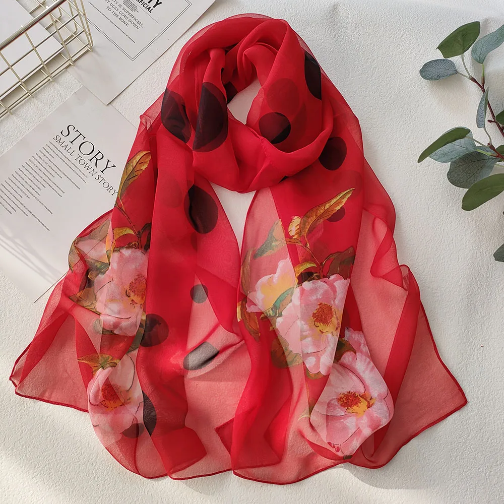 Camellia Flower Dots Print Women Foulard Elegant Chiffon Georgette Bandana Scarf Summer Beach Travel Sun Protection Thin