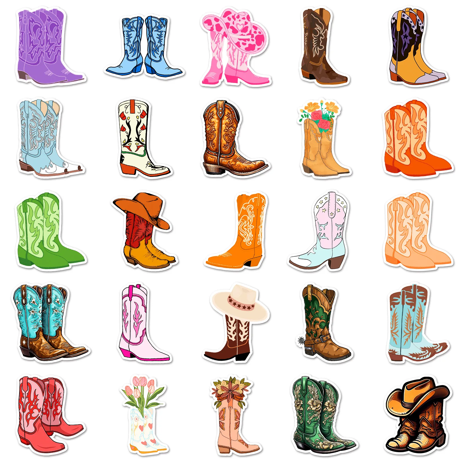 Desenhos animados Cowboy Boots Adesivo, Decoração Graffiti, Decalque impermeável, Graffiti, Skate, Laptop, Bagagem, Caixa do telefone, 10 Pcs, 30 Pcs, 50Pcs