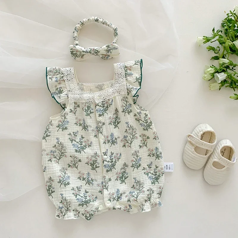 

2023 New Summer Baby Rompers Toddler Sweet Green Floral Jumpsuit with Hairband Infant Outwear