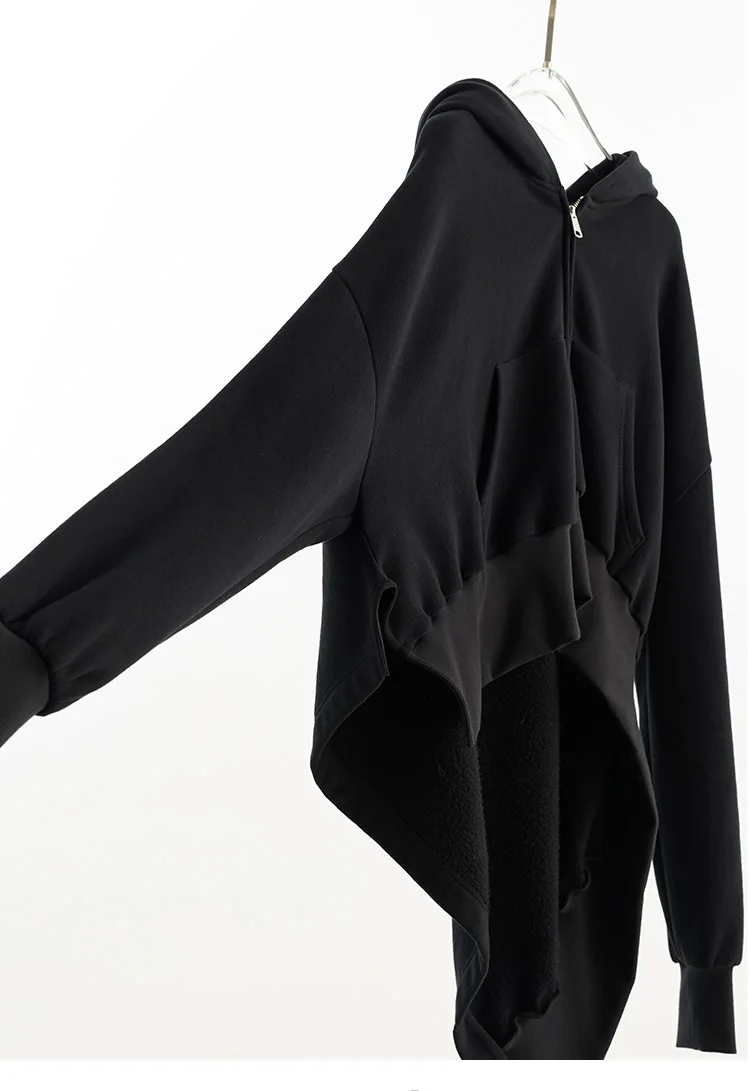 Irregular Sweatshirt~ Black Hooded Sweatshirt Women's Jacket, All-Cotton, Loose Fit, Casual, Slimming, New Autumn Style