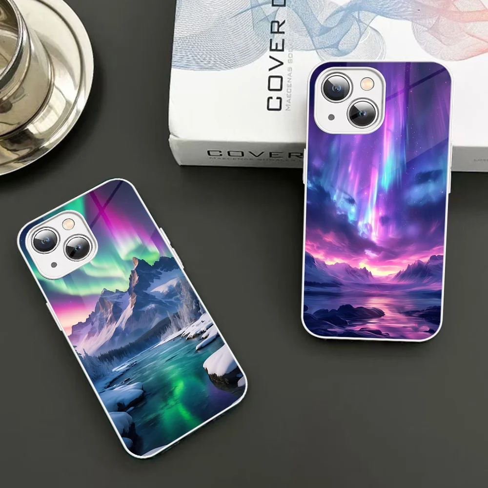 Beautiful Northern Lights Phone Case Tempered Glass For iphone 14 13 12 11 Pro Mini XS MAX 14Plus X XS XR Fundas