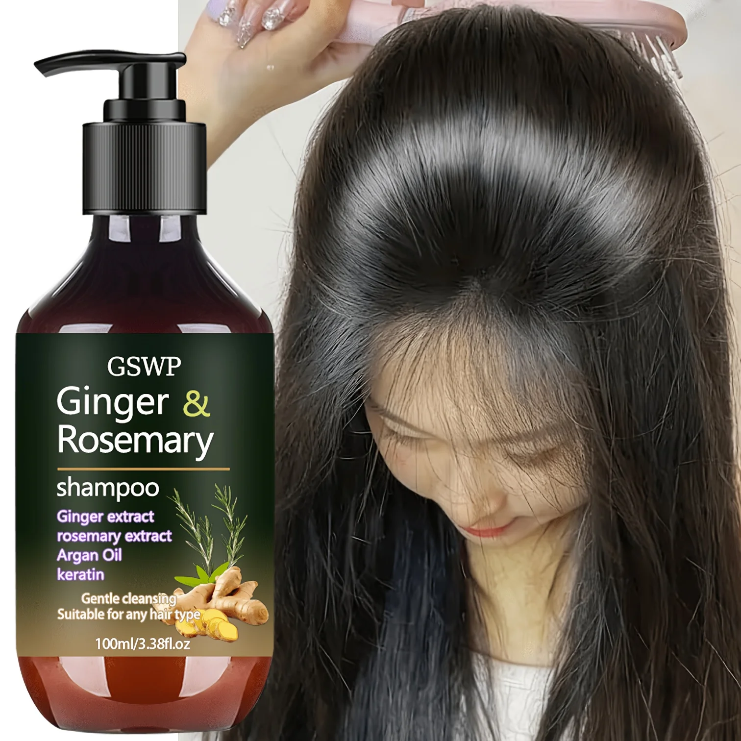 Champú GSWP de jengibre y romero, limpia, fortalece el cabello frágil, antiencrespamiento instantáneo 2 en 1, elimina las escamas de caspa sueltas. 100/200ML