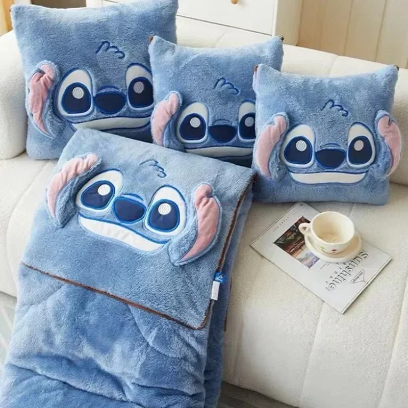 Disney Stitch Throw Pillow Blankets Two In One Kawaii Flannel Thickened Nap Blanket Living Room Kids Bedroom Decoration Gift