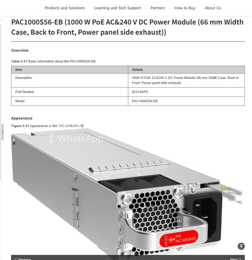 PAC1000S56-EB (1000 W PoE AC&240 V DC Power Module (66 mm Width Case, Back to Front, Power panel side exhaust)) 02314APU