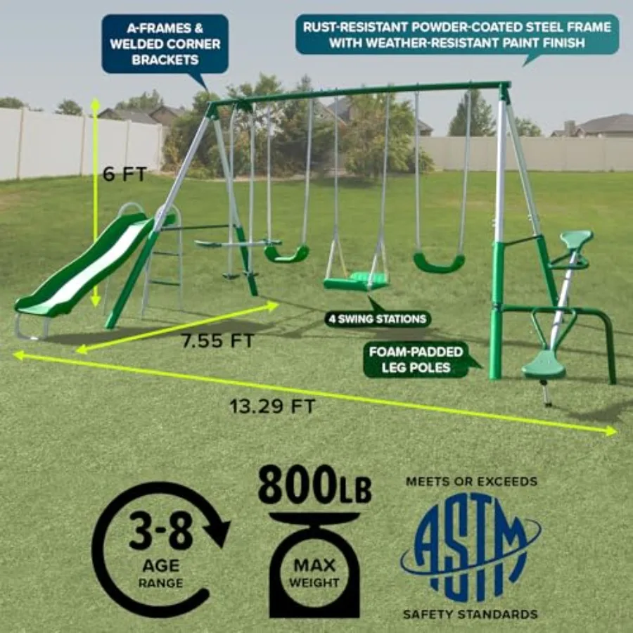 Metal Swing Set: 2 Swings/Standing Swing, 2 Person Roman Glider Swing, Teeter Totter and 5' Wavy Slide*Bonus 4pc Anchor Kit*