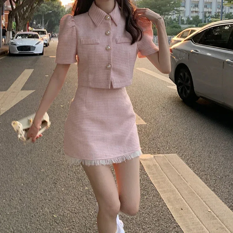 2026 Sweet Temperament Pink Puff Sleeve Lapel Coat Women Single-Breasted Short Jacket Summer Fashion Mini Skirts Matching Sets C view 4
