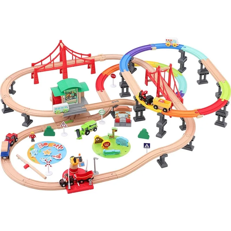 Zuggleis-Set aus Holz, Touristenattraktion, farbenfrohe, mehrschichtige Struktur, kompatibel mit Spielzeug für Eisenbahnschienen aller Marken