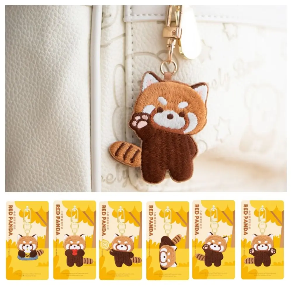 Kawaii Cartoon Red Panda Keyrchain Soft Creative Kawaii Animal Pendant Fashion Milk Tea Red Panda Embroidery Pendant