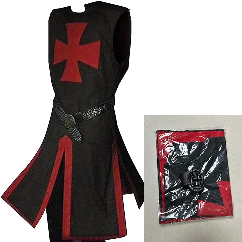 Hommes médiévaux croisés chevaliers templiers tunique Costumes Renaissance Halloween surcoat guerrier noir peste cape Cosplay haut S-3XL