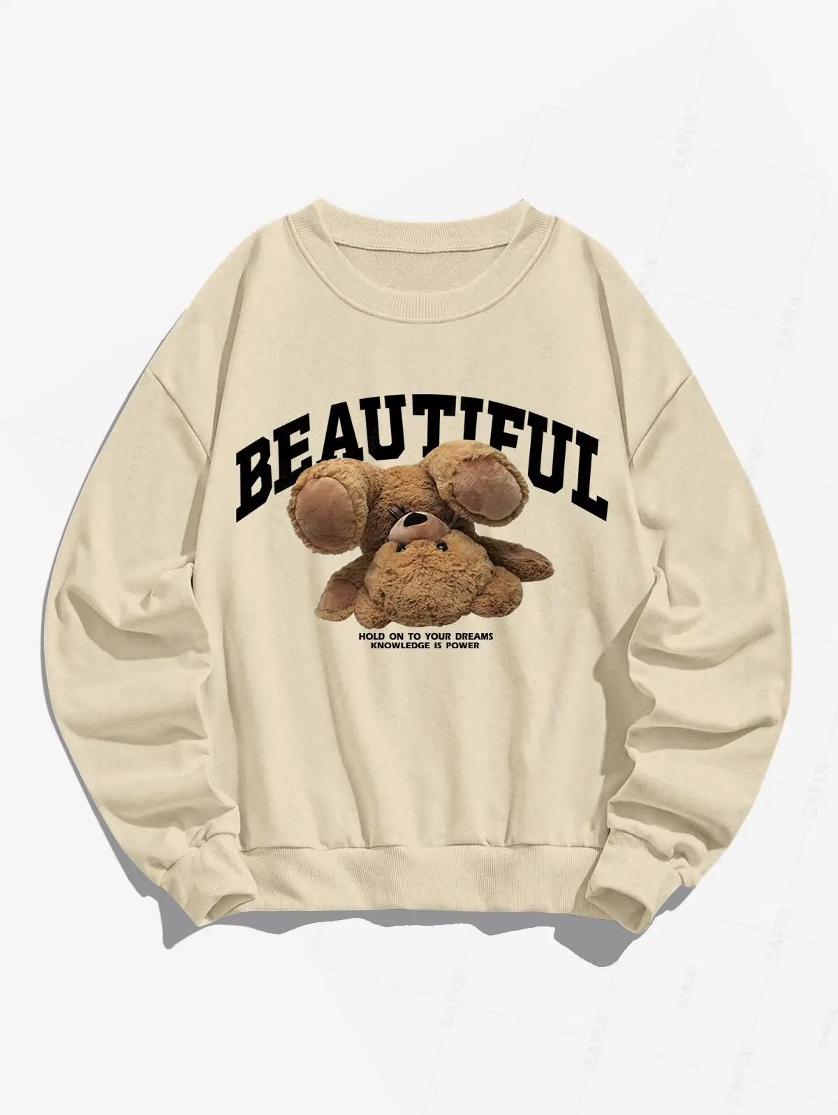 ZAFUL Women's BEAUZAFUL TIFUL Upside Down Bear Print Crew Neck Drop Shoulder Long Sleeve Pullover Sweatshirt