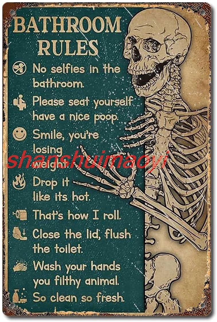 Home Bathroom Rules - โปสเตอร์แนวตั้งลายโครงกระดูก กฎห้องน้ำ TRITXIY, โปสเตอร์ลายโครงกระดูก, โปสเตอร์ตกแต่งห้องน้ำ, ป้ายโลหะสไตล์เรโทรสำหรับตกแต่งผนังบ้าน
