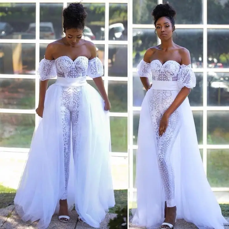 Aso Ebi African Wedding Jumpsuit With Detachable Train Sweetheart Off Shoulder Garden Beach Bride Outfit Pant Suit