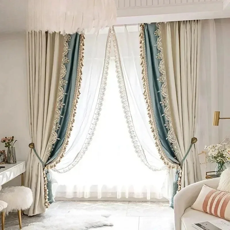 

Custom Size French Luxury Splicing Curtains for Living Room Bedroom Villa American Tulle Curtain Blackout Curtain White Tulle