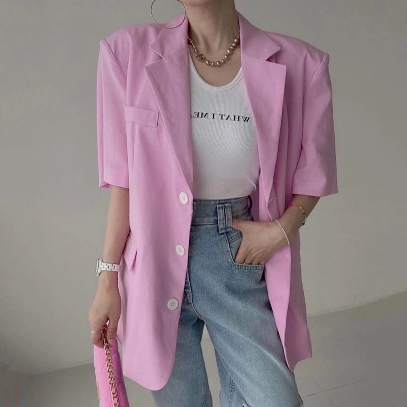 Elegancki letni, vintage'owy, uniwersalny, luźny garnitur w kratę, damska moda, casualowy, zapinany na guziki, krótki rękaw, odzież wierzchnia.