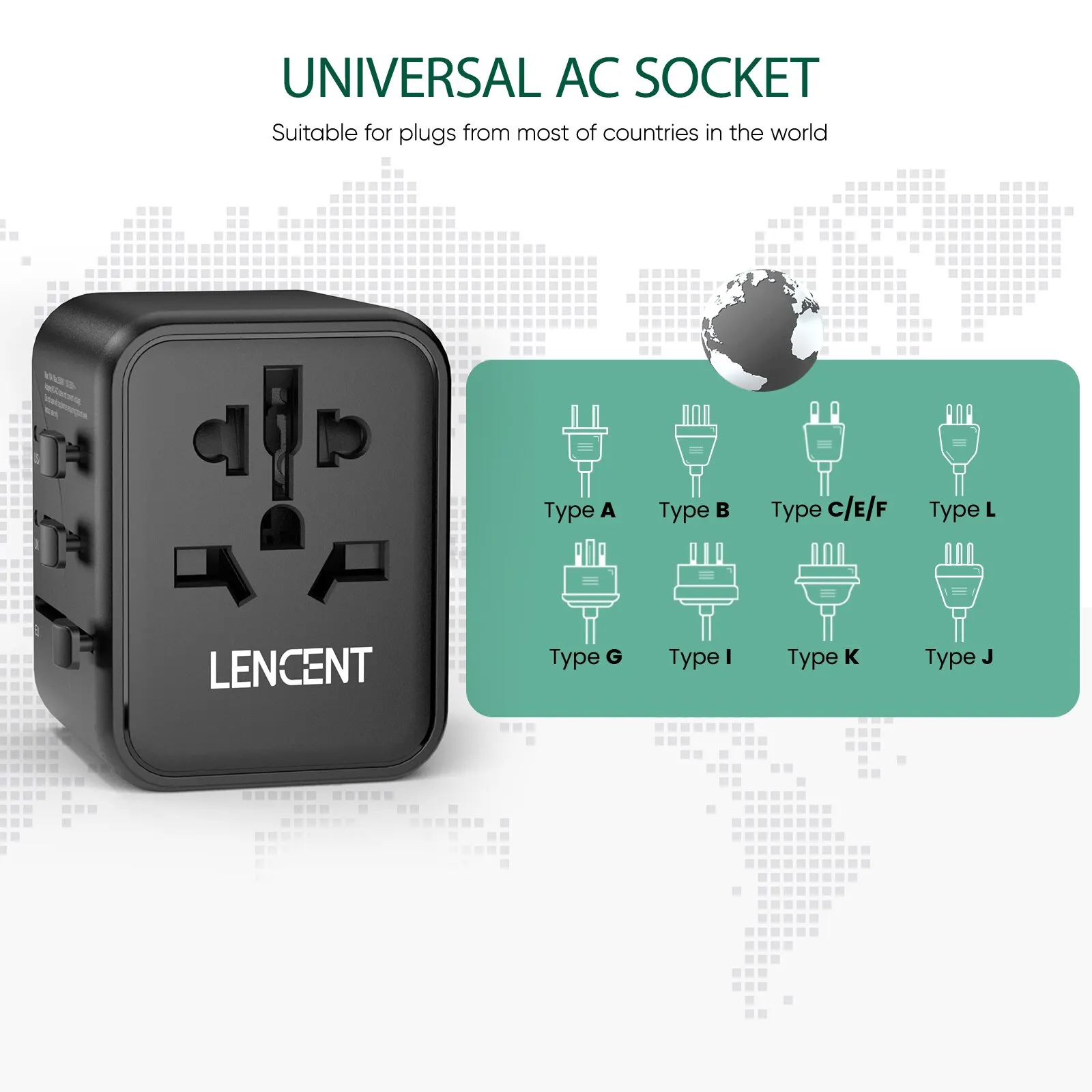 LENCENT International Travel Adapter z 2 portami USB All-in-One Ładowarka podróżna Zasilacz EU/UK/USA/AUS Wtyczka do podróży