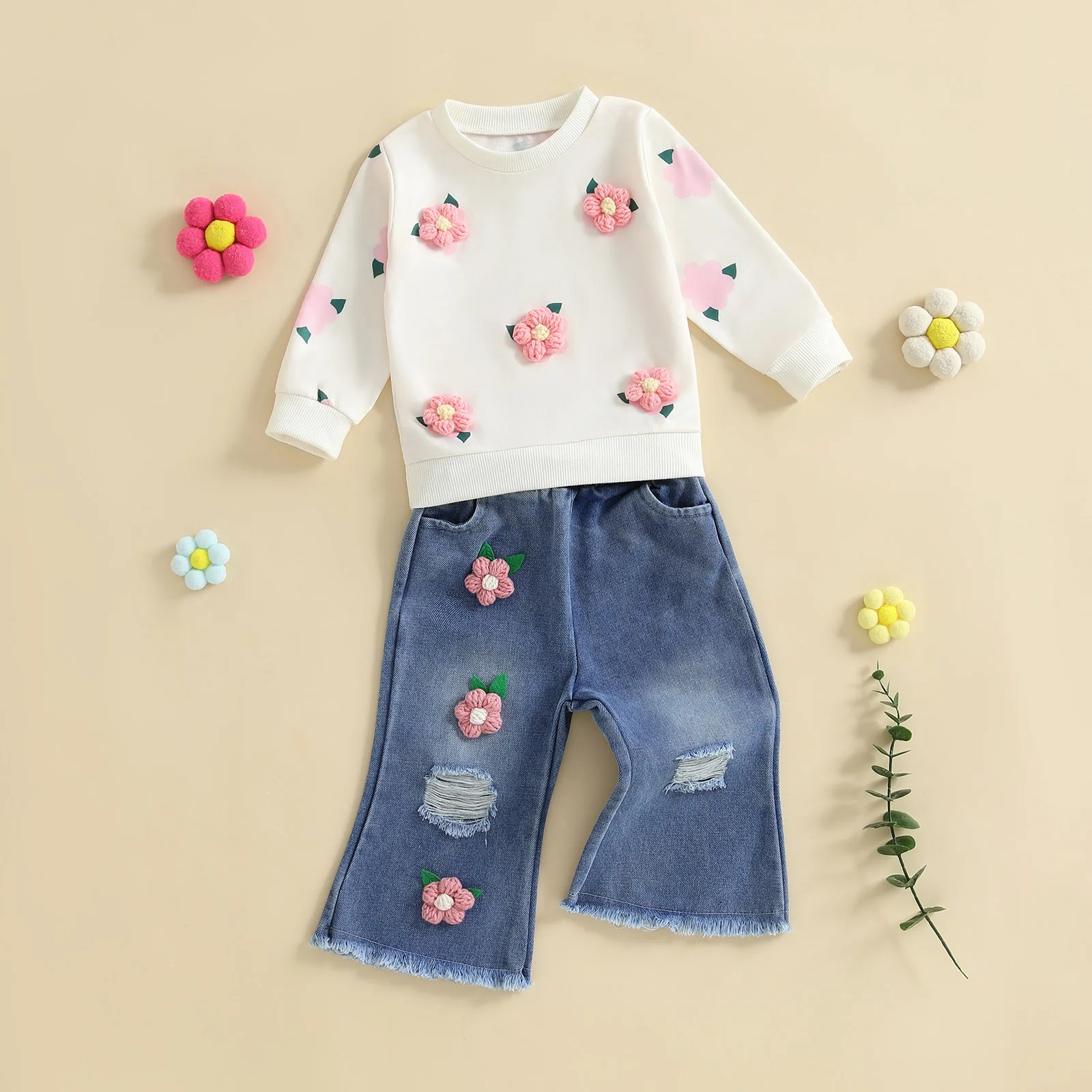 

Suefunskry осенняя одежда для маленьких девочек, вязаный крючком свитшот с длинными рукавами и эластичные рваные джинсовые брюки-клеш, комплект