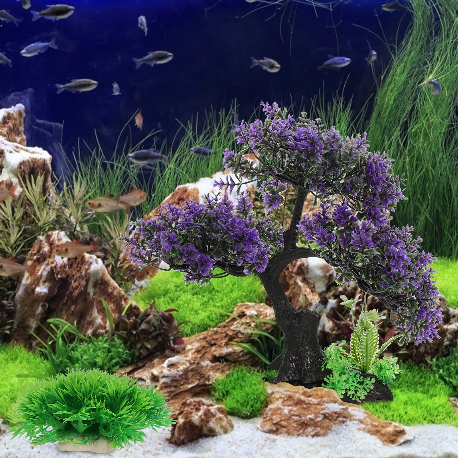 

1 set 1 Set Fish Tank Plant Decor Kit Artificial Underwater Tree Grass Aquarium Landscape Prop Fake Plants For Home Office Pet