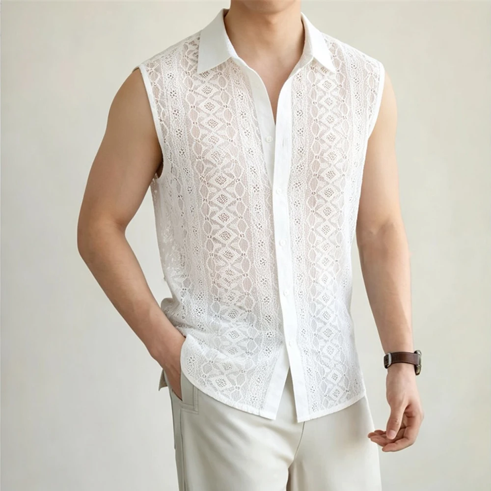 

Sexy Men's Lace Sleeveless Shirt Vintage Plaid Mesh See Through Slim Man Shirts Fashion Lapel Button Hollow Out Tops Streetwear