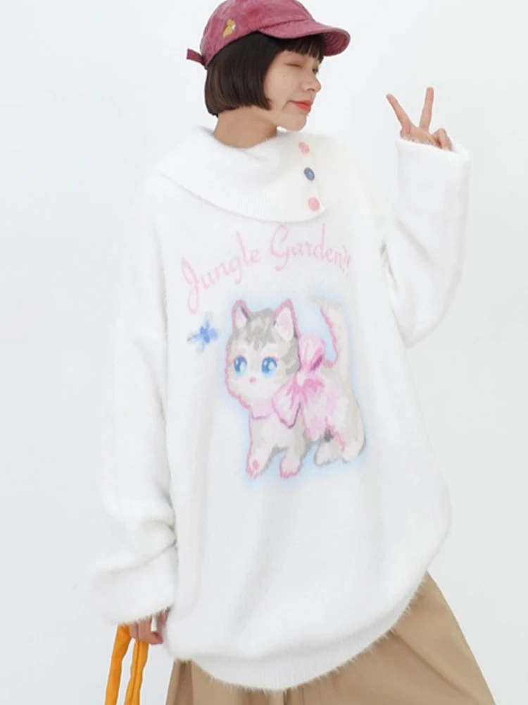 Cute Sweaters Women Loose Cozy Japanese Style Retro Autumn Winter Prevalent Aesthetic Sweet Harajuku Fluffy Y2K Vitality Stylish