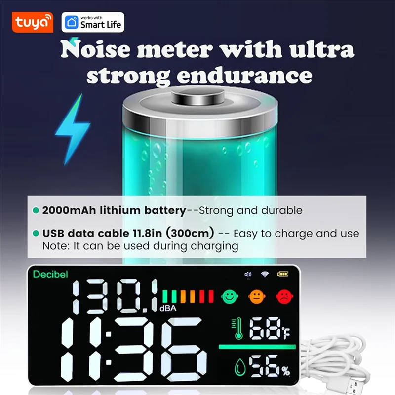 เครื่องตรวจจับก๊าซคาร์บอนไดออกไซด์ ABKQ-Tuya Smart Wifi 5 in 1 พร้อมเครื่องวัดระดับเสียง เครื่องวัดอุณหภูมิ และเครื่องวัดความชื้น สำหรับบ้านและห้องเรียน