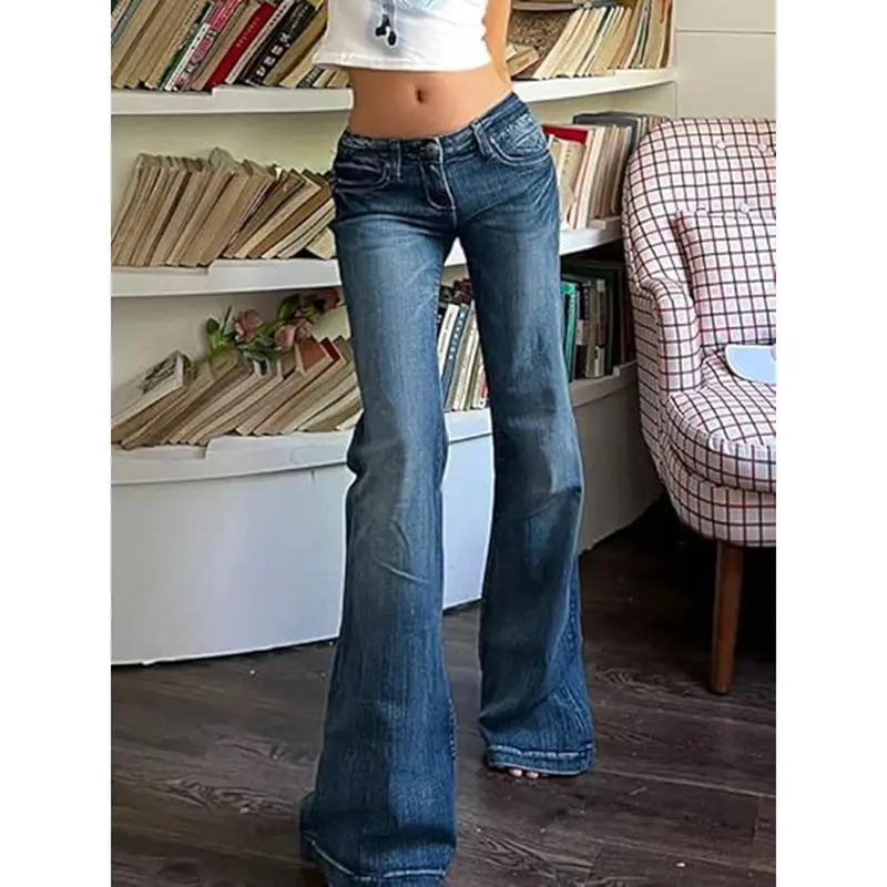 Women Denim Flare Leg Jeans Trousers Y2K 90s Button Low Waist Vintage Slim Fit Long Pants with Pockets Streetwear